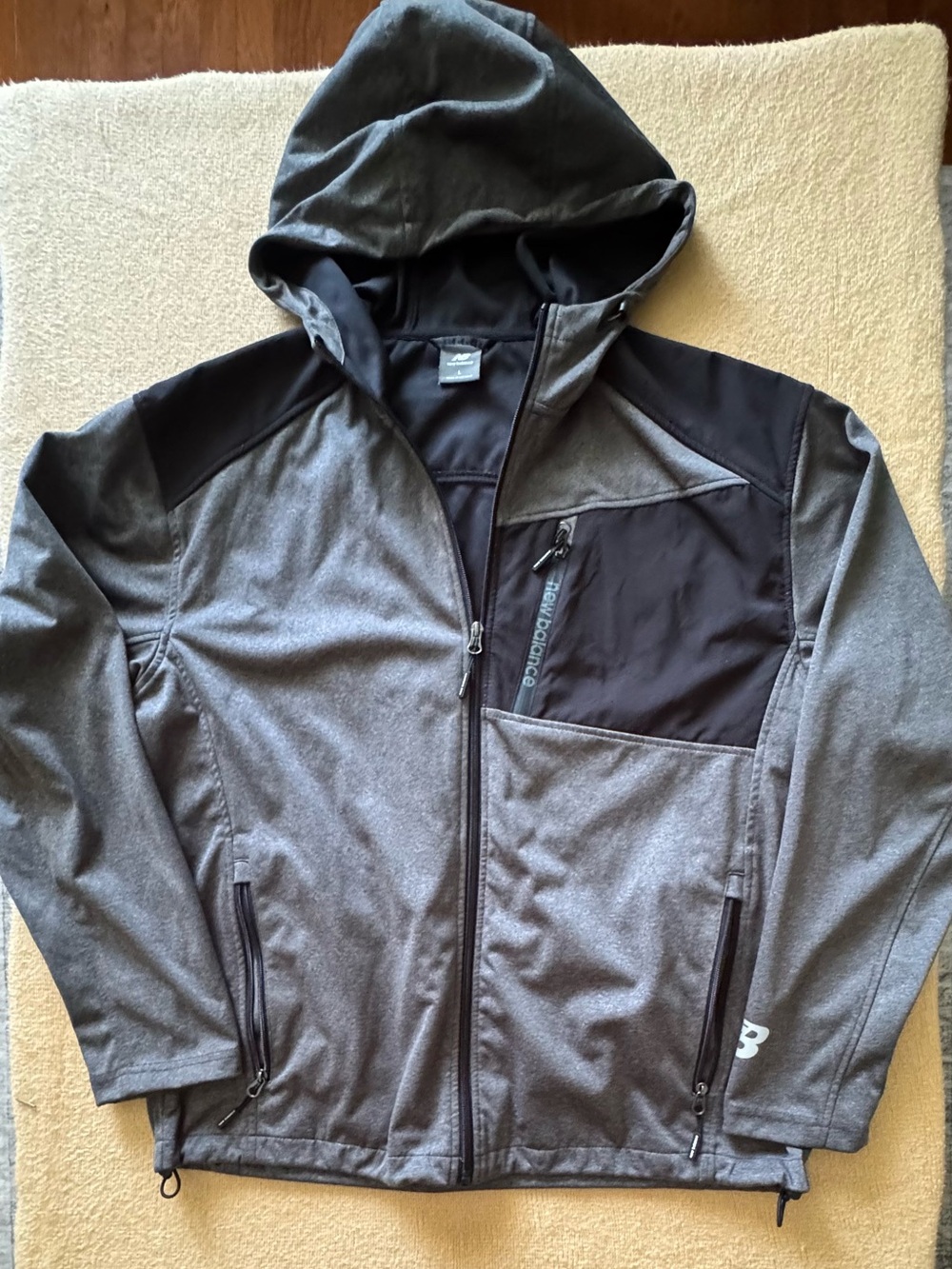 New Balance Men's Gray Hooded Softshell Jacket with Black Chest Panel